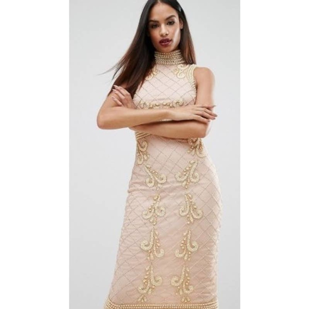 STARLET ASOS Pink Gold High Neck Pearl Embellished High Neck Midi Dress Sz 12